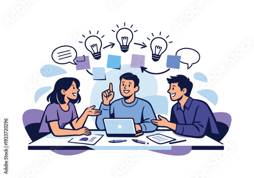 Business brainstorming. Sticky notes, lightbulb icons, and arrows floating above the table