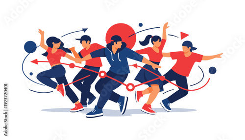 Group dance energy. Several dancers moving together, synchronized lines and shapes