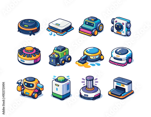 Cleaning robot. Colorful isometric vector icons set of Cleaning robot: autonomous vacuum, floor mop robot, carpet cleaner robot, window