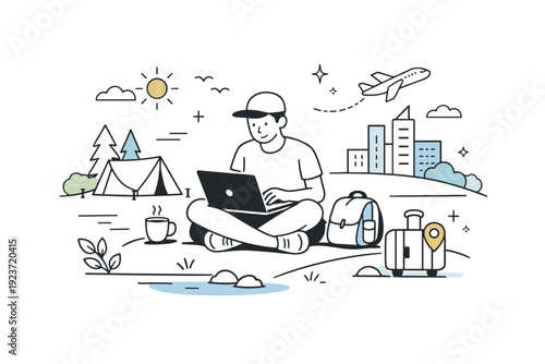 Travel and work lifestyle. Digital nomad working outdoors with a laptop, simple landscape and abstract city elements in the background.