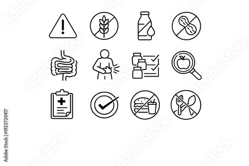 Food intolerance. Line icon set of Food intolerance: allergy warning sign, gluten free symbol, lactose free bottle, nuts crossed out,