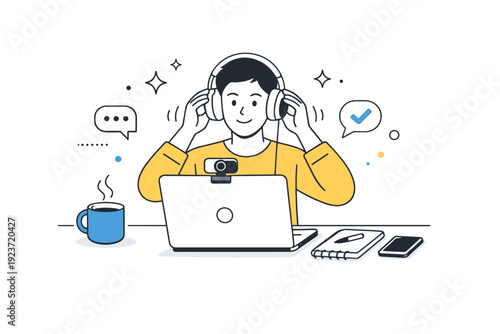 Remote onboarding workspace setup. A person adjusting headphones and camera before the first virtual meeting, coffee nearby. Quiet confidence and readiness for