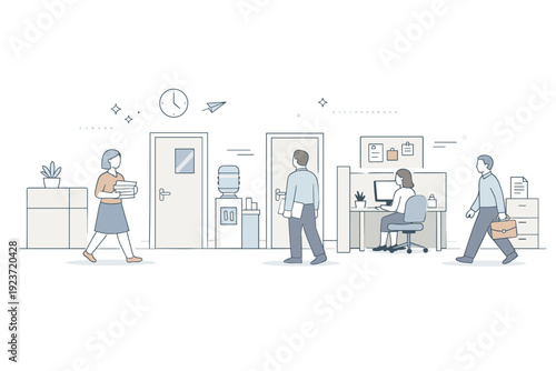 Administrative buildings interiors. Abstract editorial scene with soft geometric forms of cubicles, closed doors, and calm figures navigating