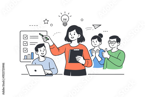 Empowering team autonomy. A team member takes the lead on a task while others support from the background. The mood suggests ownership,