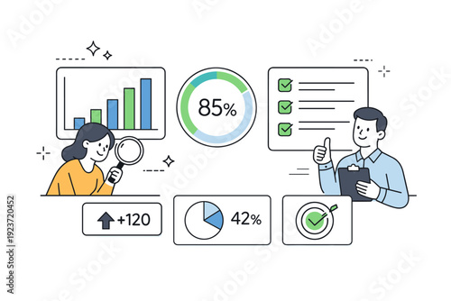 Impact measurement graphics. Modern editorial illustration of dashboards with simple bar charts, progress indicators, and