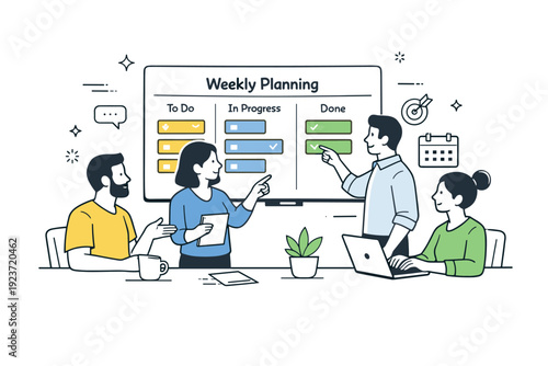 Weekly planning review scenes. Team gathered around a digital board reviewing tasks and priorities, calm discussion and shared focus. A structured yet friendly