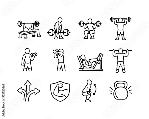 Strength Training Icons. Strength Training Exercises. Line outline icon set of Strength Training Exercises: