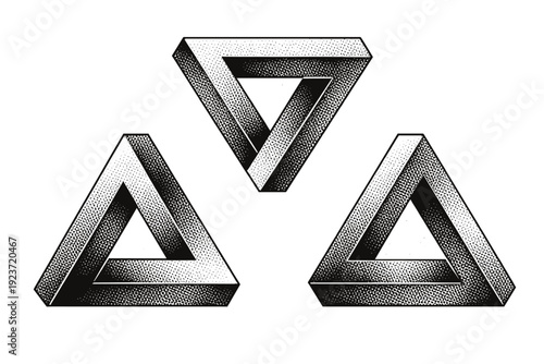 Optical illusion object impossible triangle solid, a three-dimensional rendering of a paradoxical triangular loop that appears structurally