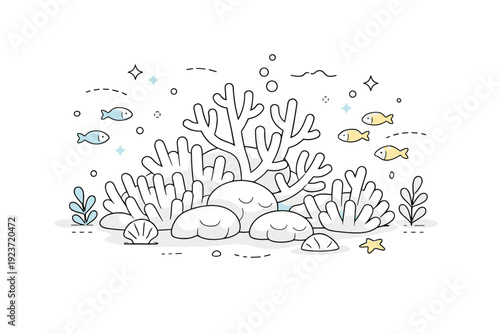 Coral reef bleaching. A calm underwater scene showing pale coral formations with small fish swimming slowly around. Quiet