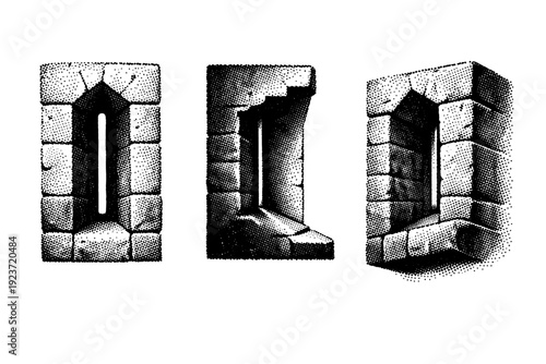 Window architectural detail medieval narrow slit window with thick masonry surround and deep interior reveal, displayed from front, side