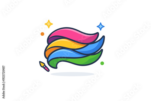 Artistic color use illustrated by flowing color ribbons arranged into a compact badge, conveying movement, creativity, and visual rhythm. Minimalist flat