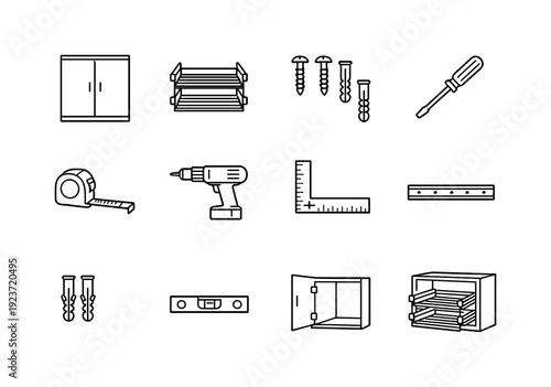 Installing a Pull-Out Rack. Line outline icon set of Installing a Pull-Out Rack: closet
