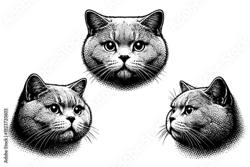 British Shorthair Portraits. Cat portrait, A British Shorthair cat head shown as a single isolated object in three angles highlighting round forms, dense fur