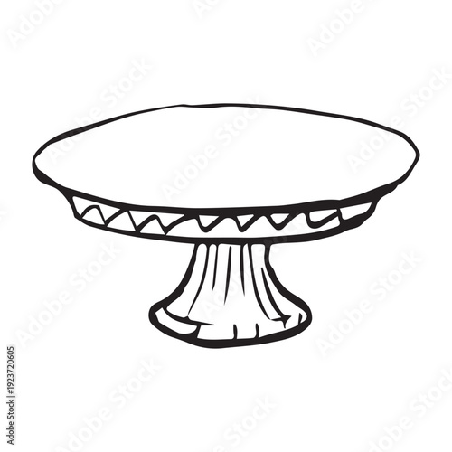 Hand drawn cake stand sketch, vintage pedestal plate with decorative rim, elegant serving tray, wedding dessert table, line art black ink isolated on white