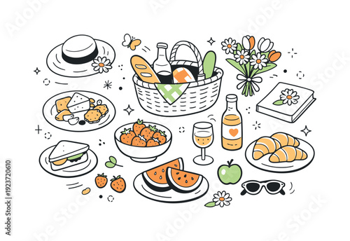 Spring seasonal holiday flatlays ? Spring picnic holiday flatlay with fruits, flowers, and light snacks. Relaxed seasonal vibe, simple