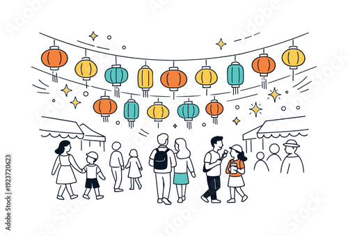 Spring festival lanterns. Colorful lanterns hang across a lively street with people walking below, abstract stars and motion lines