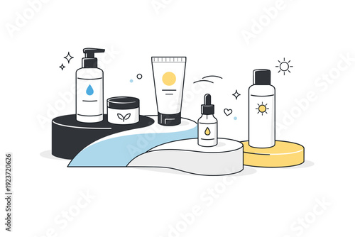 Elegant Skincare Display. Cosmetic packaging presentation. Skincare containers displayed on abstract platforms with gentle curves. Editorial beauty scene