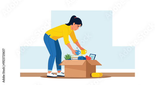 A young woman packs household items including mugs, books, and a blanket into a cardboard box.