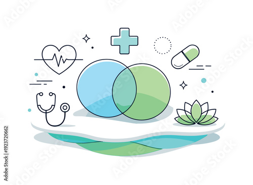 Abstract medical and wellness icons with overlapping circles representing integration and balance