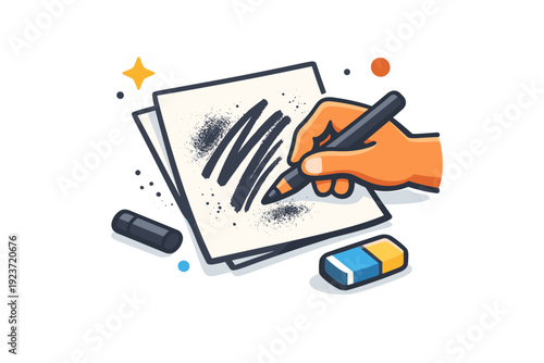 Charcoal Sketching Artistry. Drawing on paper with charcoal capturing focused creative process with a hand sketching bold lines on textured paper and soft dust