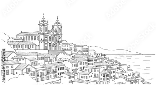 Linear coastal townscape with historic church and sea view