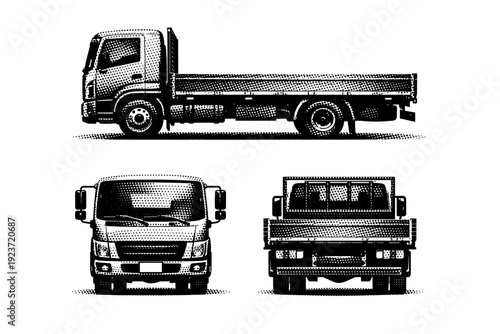 Cargo truck flatbed transport truck. A flatbed cargo truck with open rear platform and visible wheel arches depicted as a single object.