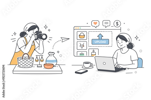 Selling handmade goods online. An artisan photographing products with a camera and uploading images to a digital platform. The