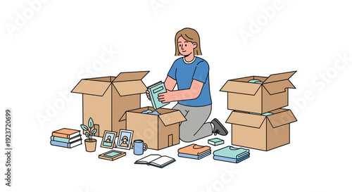 A woman kneels on the floor, surrounded by open cardboard boxes, packing books, folded clothes, and personal items.