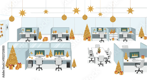 A spacious office and conference room are elegantly decorated for Christmas with golden trees, ornaments, and gifts.