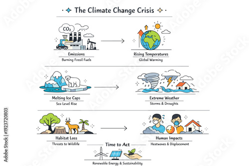 Climate insights visualization. Charts and symbols arranged step by step, guiding the viewer through causes and effects of climate change. Clear hierarchy and