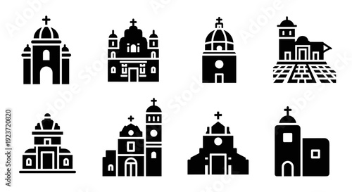 Set of minimalist church icons in black and white silhouette style