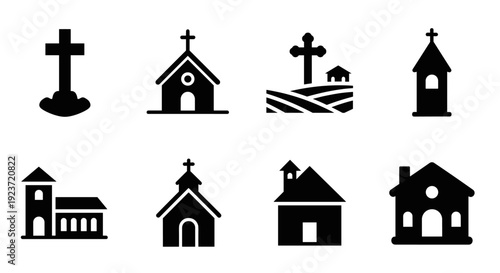 Minimalist church and cross icons set: black and white silhouettes for religious design