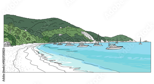 Tranquil coastal scene with boats anchored by a serene beach