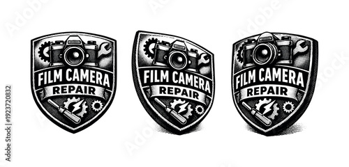 Film camera repair emblem. A shield-shaped film camera repair emblem with mechanical iconography and typographic layout is shown from three