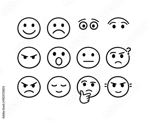 Facial expression cues. Line outline icon set of facial expression cues: smiling face,