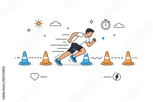 Interval training with cones. A focused outdoor training scene with an athlete sprinting between cones, clear spacing and motion lines showing bursts of speed