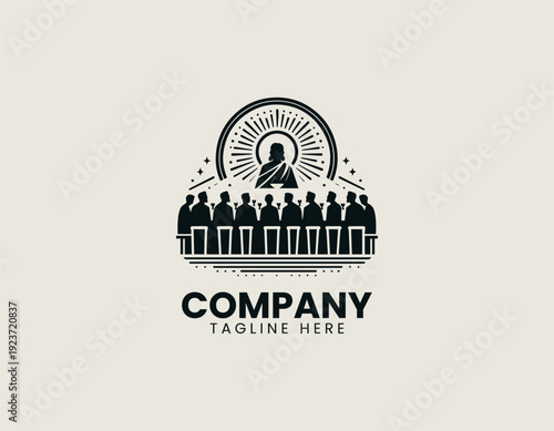 Spiritual dinner gathering scene with central figure and followers in clean modern vector illustration style