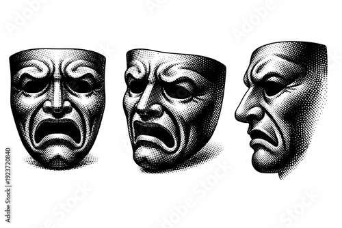Theater mask shown as a dramatic stage mask with carved facial details presented in frontal view, three-quarter perspective view, and close