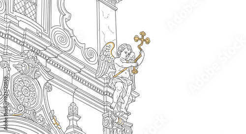 Detailed architectural angel relief with cross on historic building facade