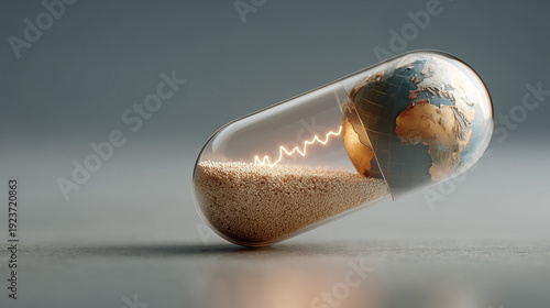 Earth's Cure in a Capsule: A compelling conceptual image of the Earth encapsulated within a pill, with a graph representing an upward trend, symbolizing a solution for growth.