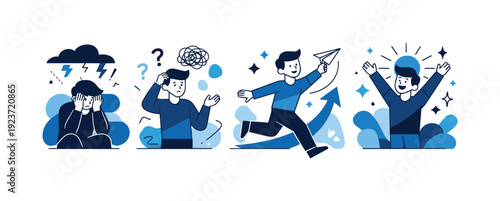 Emotions in Motion. Story through images. Sequence of visuals unfolding from left to right, emotions changing