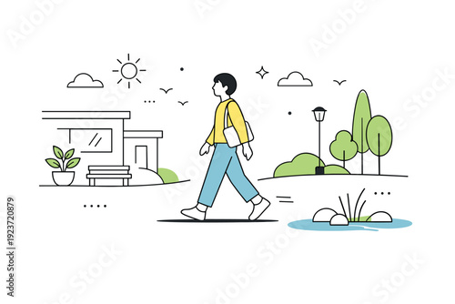 Modern slow-life aesthetics. An outdoor urban calm scene with a person walking slowly through a quiet street or park, minimal architecture