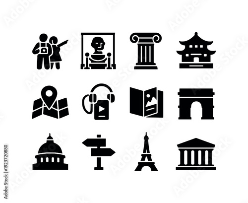 Cultural City Exploration. Filled icon set of Cultural City Exploration: couple sightseeing,