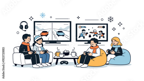 Gaming lounge winter scene. A group of friends sitting on couches and beanbags, playing multiplayer games on large screens, with hot drinks