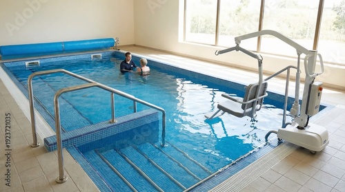 Patient undergoing aquatic therapy with a therapist in a rehabilitation pool.