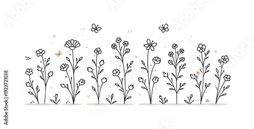 Minimal wildflower silhouettes. A gentle scene with small wildflower silhouettes spaced evenly, suggesting light movement and natural growth.