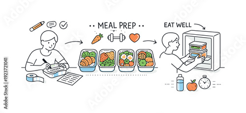 Healthy meal prep process from planning to eating well and storing food