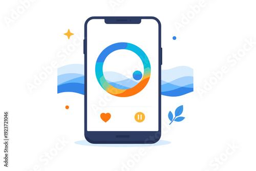 Calm Mind App. Guided mindfulness and relaxation app a smartphone displaying a breathing circle and soft wave lines, representing calm moments, stress relief