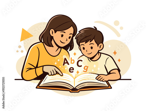 Reading homework moment. A parent and child read together, book pages glowing softly with