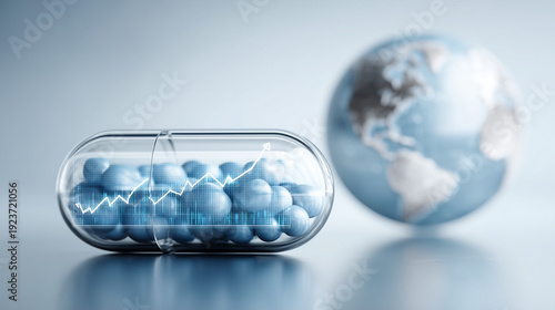 Global Health Solutions: A conceptual image symbolizing global health advancements, with a pill capsule containing medicine and a rising graph, set against a backdrop of a world globe.